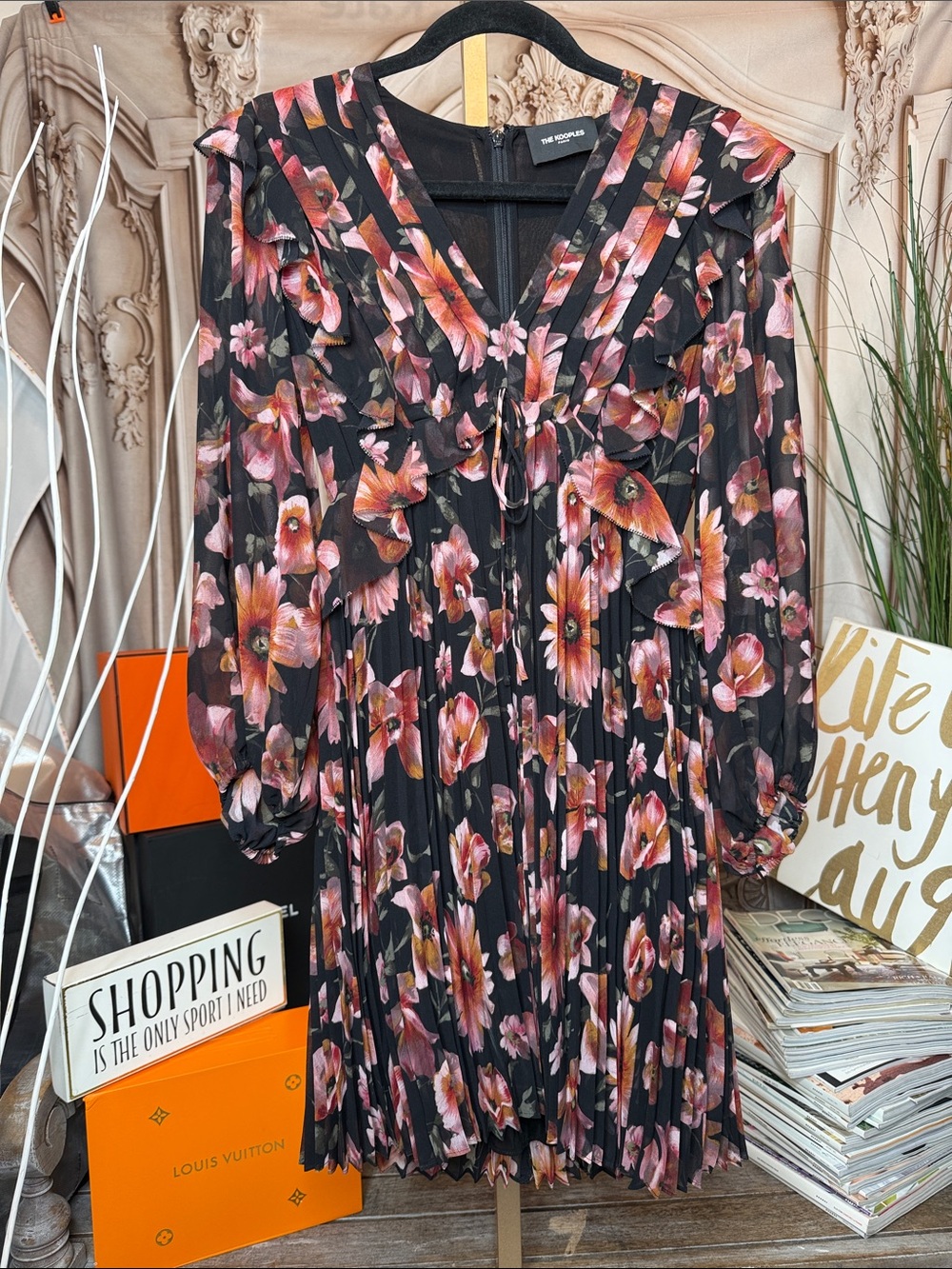 THE KOOPLES- Black chiffon Dress with Pink and Orange Floral Print